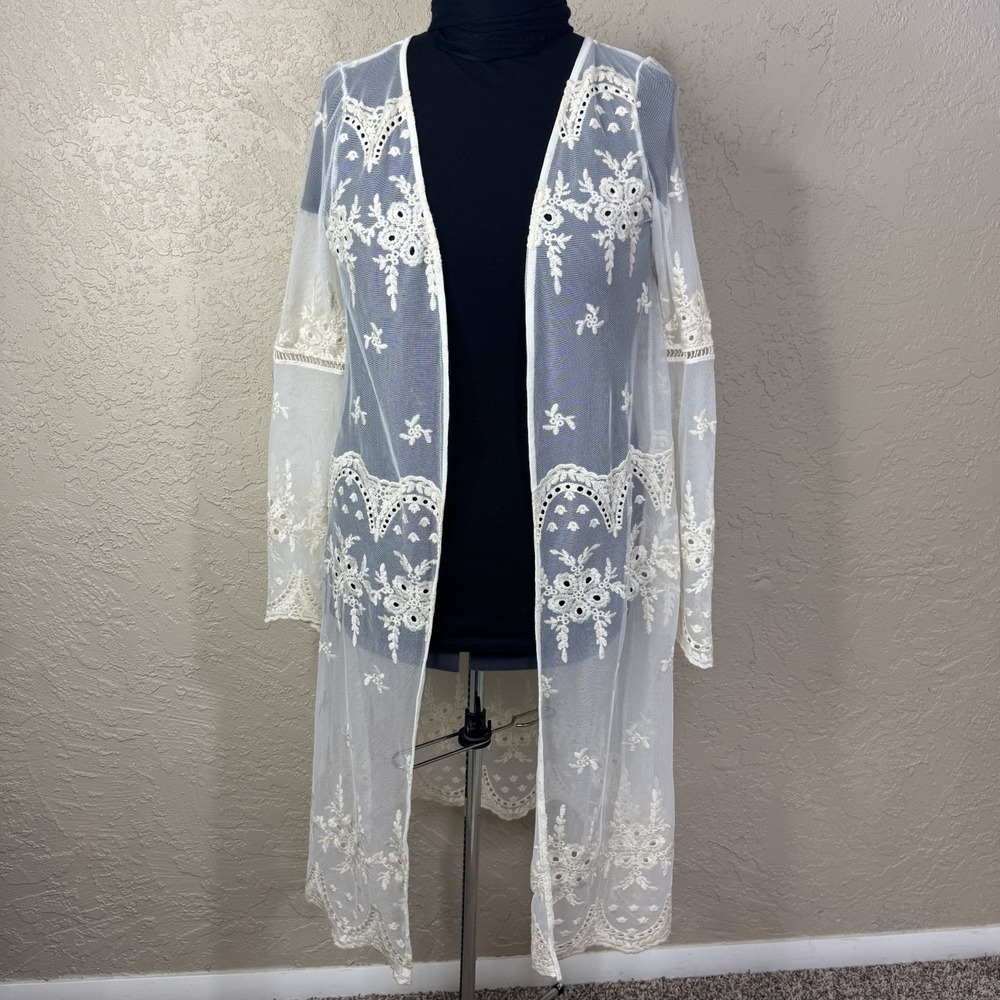 Haute Monde Lace Longline Duster Womens L Boho Kimono Ivory Sheer‎ Mesh Romantic